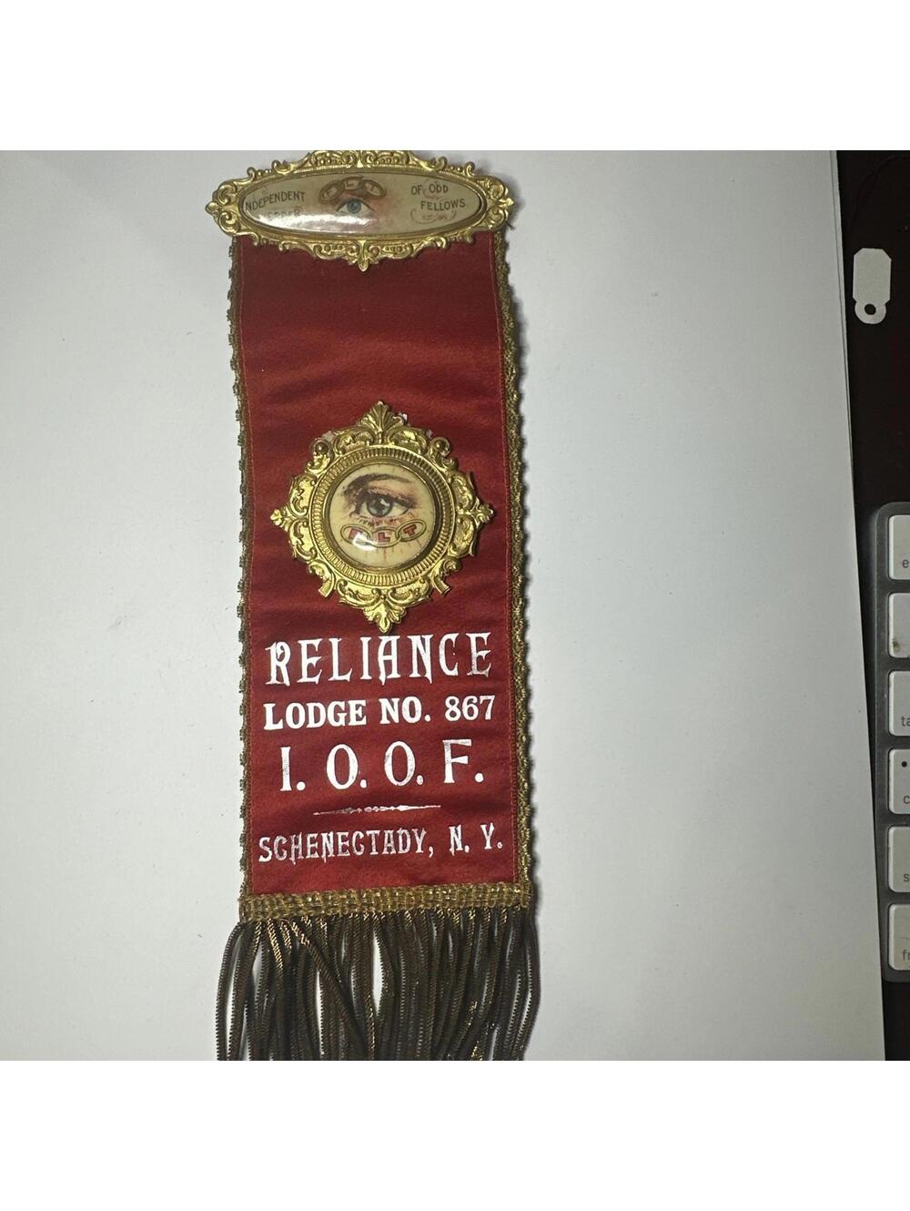 ODD FELLOWS Ribbon Badge Two Eye Pin Medals/ Pin Reliance Lodge Schenectady NY